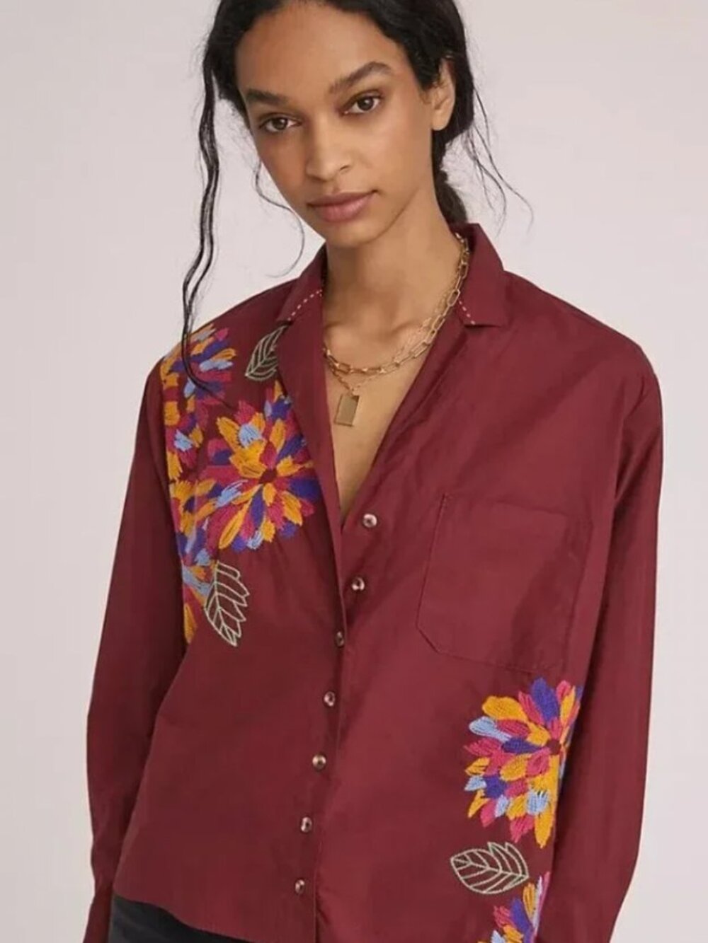 Anthropologie Maeve Embroidered Buttondown Size 14